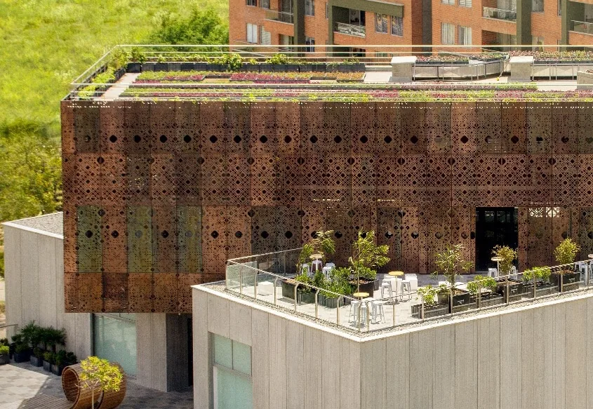 Architectural metal feature at an exterior terrace